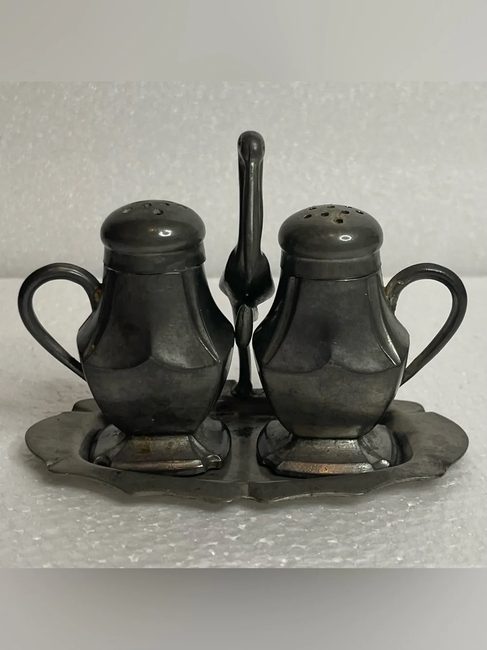 VTG Old Colonial Genuine Pewter Salt And Pepper Shakers Tray Stork Crane Handle